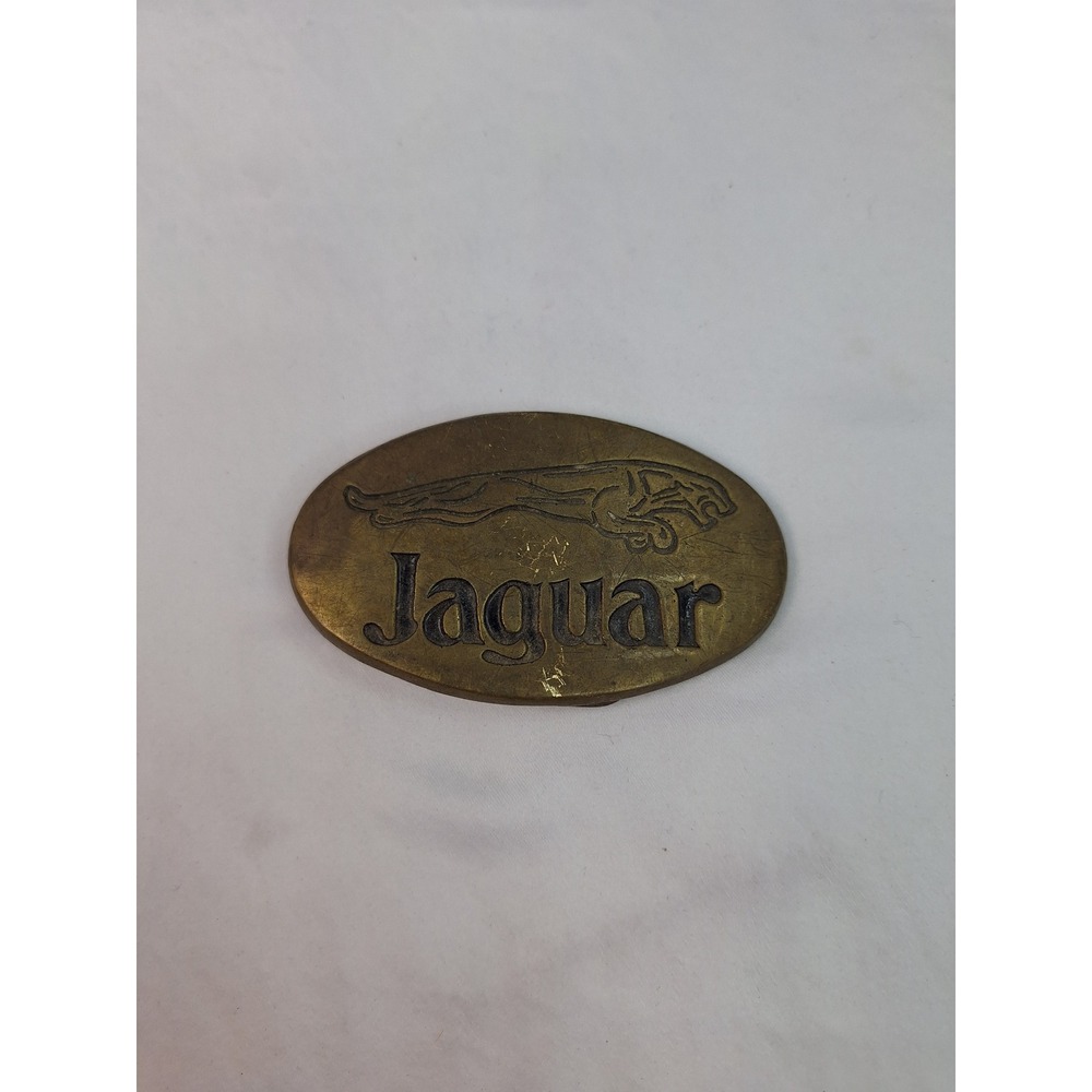 Vintage Jaguar Solid Brass Belt Buckle Oval Leaping Cat Logo Automotive 0917
